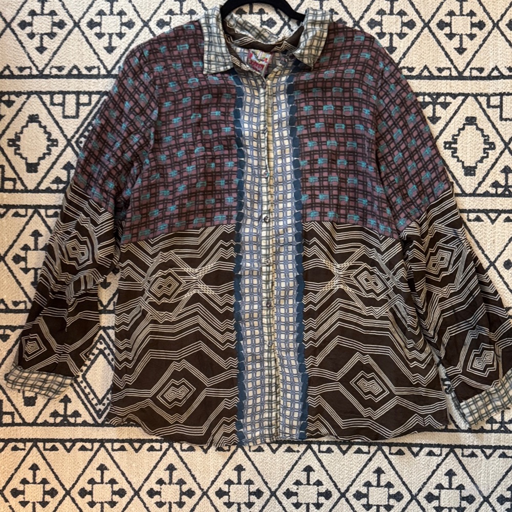 Johnny Was Embroidered Light Blue & Red Label Shirt